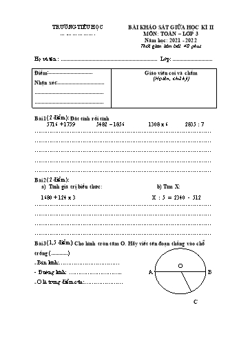 Bài khảo sát giữa học kì II môn Toán Lớp 3 - Năm học 2021-2022