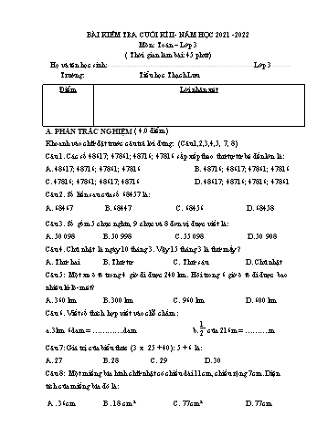 Bài kiểm tra cuối kì II môn Toán Lớp 3 - Năm học 2021-2022 - Trường Tiểu học Thạch Lưu (Có đáp án)