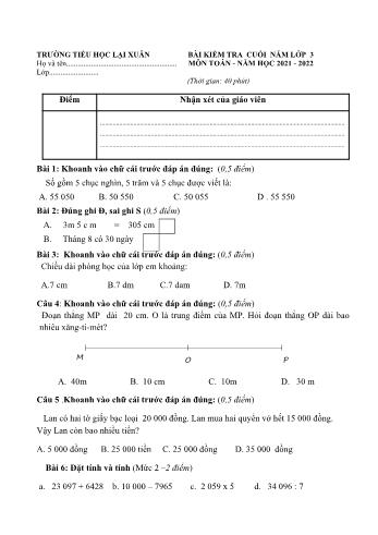 Bài kiểm tra cuối năm môn Toán Lớp 3 - Năm học 2021-2022 - Trường Tiểu học Lại Xuân (Có đáp án)