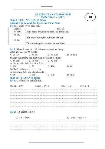 Đề kiểm tra cuối học kì II môn Toán Lớp 3 - Đề 10