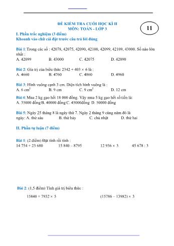 Đề kiểm tra cuối học kì II môn Toán Lớp 3 - Đề 11