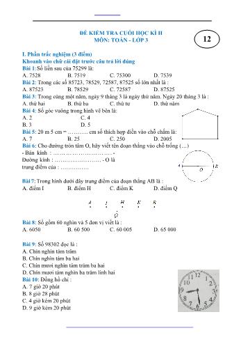 Đề kiểm tra cuối học kì II môn Toán Lớp 3 - Đề 12