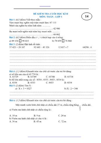 Đề kiểm tra cuối học kì II môn Toán Lớp 3 - Đề 14