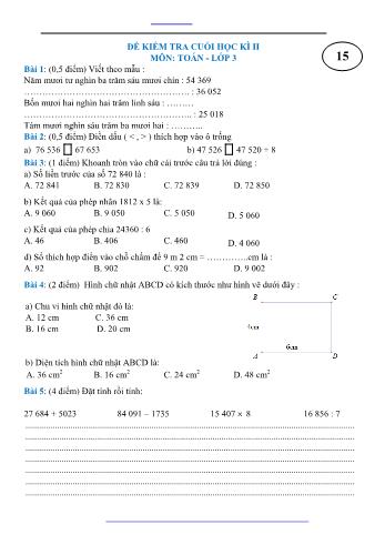 Đề kiểm tra cuối học kì II môn Toán Lớp 3 - Đề 15