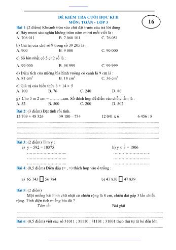 Đề kiểm tra cuối học kì II môn Toán Lớp 3 - Đề 16
