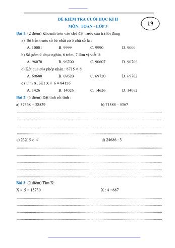 Đề kiểm tra cuối học kì II môn Toán Lớp 3 - Đề 19