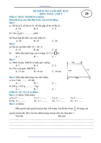 Đề kiểm tra cuối học kì II môn Toán Lớp 3 - Đề 20