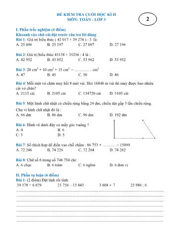Đề kiểm tra cuối học kì II môn Toán Lớp 3 - Đề 2