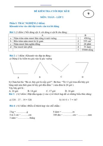 Đề kiểm tra cuối học kì II môn Toán Lớp 3 - Đề 9