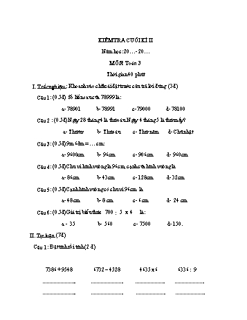 Đề kiểm tra cuối kì II môn Toán Lớp 3 (Có đáp án)