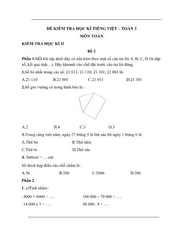 Đề kiểm tra học kì II môn Toán Lớp 3 - Đề 2