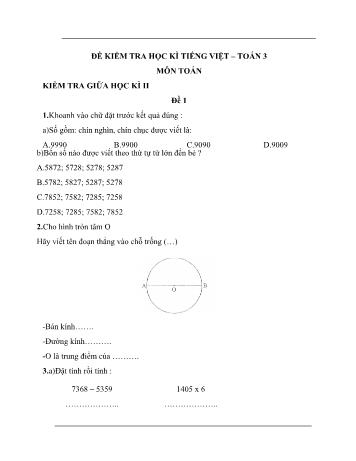 Đề kiểm tra học kì II môn Toán Lớp 3 - Đề số 1