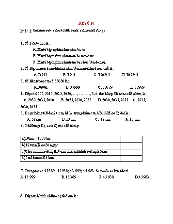 Đề thi giữa học kì 2 môn Toán Lớp 3 - Đề số 10