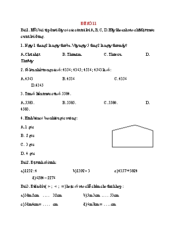 Đề thi giữa học kì 2 môn Toán Lớp 3 - Đề số 11