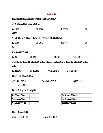 Đề thi giữa học kì 2 môn Toán Lớp 3 - Đề số 15