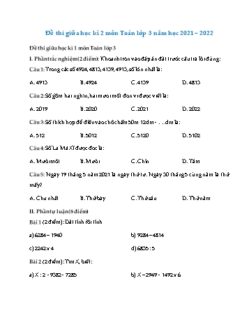 Đề thi giữa học kì 2 môn Toán Lớp 3 - Năm học 2021-2022 (Có đáp án)