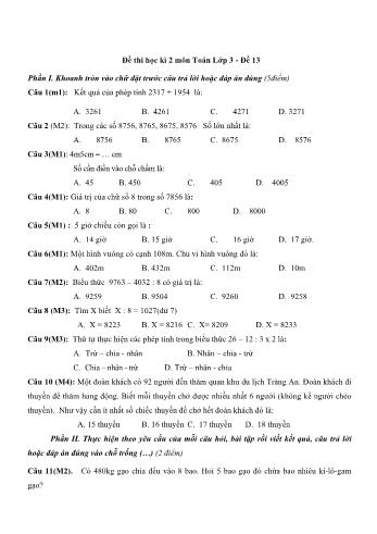 Đề thi học kì 2 môn Toán Lớp 3 - Đề 13 (Có đáp án)