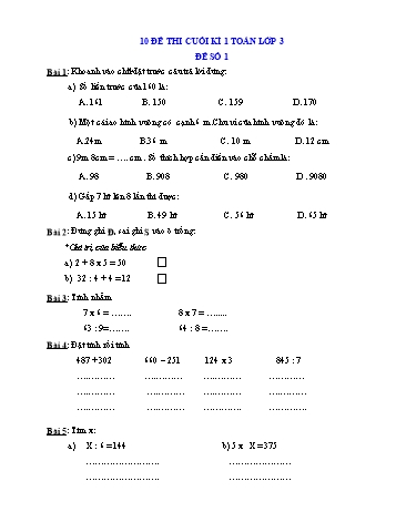 10 Đề thi cuối kì 1 môn Toán Lớp 3