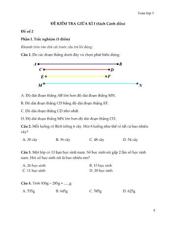 5 Đề kiểm tra giữa kì I sách Cánh diều môn Toán Lớp 3 - Đề số 2 (Kèm đáp án)