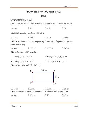 5 Đề ôn thi giữa học kì II (Bộ chân trời sáng tạo) môn Toán Lớp 3 - Trần Hữu Hiếu - Đề số 4 (Kèm đáp án)