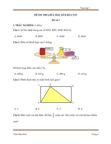 5 Đề ôn thi giữa học kì II (Bộ chân trời sáng tạo) môn Toán Lớp 3 - Trần Hữu Hiếu - Đề số 2 (Kèm đáp án)