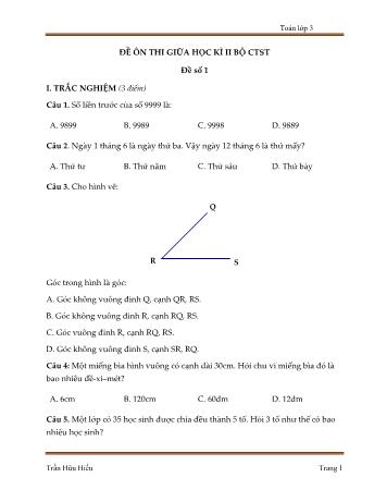 5 Đề ôn thi giữa học kì II (Bộ chân trời sáng tạo) môn Toán Lớp 3 - Trần Hữu Hiếu (Kèm đáp án)