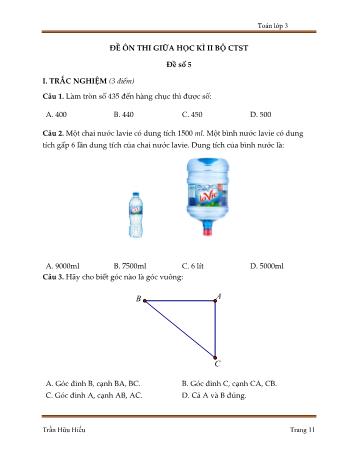 5 Đề ôn thi giữa học kì II (Bộ chân trời sáng tạo) môn Toán Lớp 3 - Trần Hữu Hiếu - Đề số 5 (Kèm đáp án)