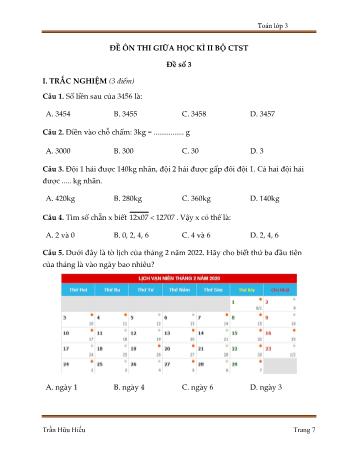 5 Đề ôn thi giữa học kì II (Bộ chân trời sáng tạo) môn Toán Lớp 3 - Trần Hữu Hiếu - Đề số 3 (Kèm đáp án)