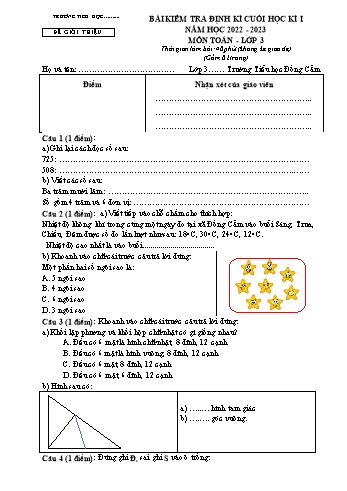 Bài kiểm tra định kì cuối học kì I năm học 2022-2023 môn Toán Lớp 3 sách Kết nối tri thức - Trường Tiểu học Đồng Cẩm (Có đáp án)
