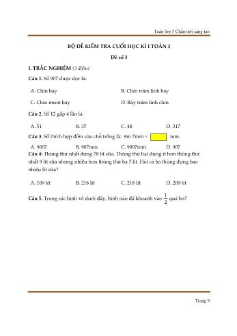 Bộ 10 đề kiểm tra cuối học kì I môn Toán Lớp 3 sách Chân trời sáng tạo - Trần Hữu Hiếu - Đề số 3 (Kèm đáp án)