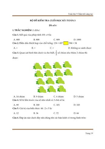 Bộ 10 đề kiểm tra cuối học kì I môn Toán Lớp 3 sách Chân trời sáng tạo - Trần Hữu Hiếu - Đề số 6 (Kèm đáp án)