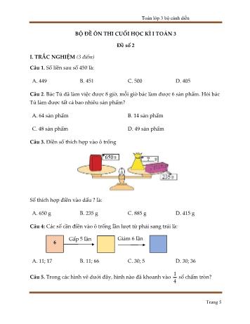 Bộ 10 đề ôn thi cuối học kì I môn Toán Lớp 3 sách Cánh diều - Trần Hữu Hiếu - Đề số 2 (Kèm đáp án)