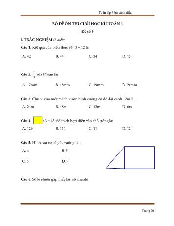 Bộ 10 đề ôn thi cuối học kì I môn Toán Lớp 3 sách Cánh diều - Trần Hữu Hiếu - Đề số 9 (Kèm đáp án)