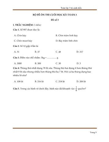 Bộ 10 đề ôn thi cuối học kì I môn Toán Lớp 3 sách Cánh diều - Trần Hữu Hiếu - Đề số 3 (Kèm đáp án)
