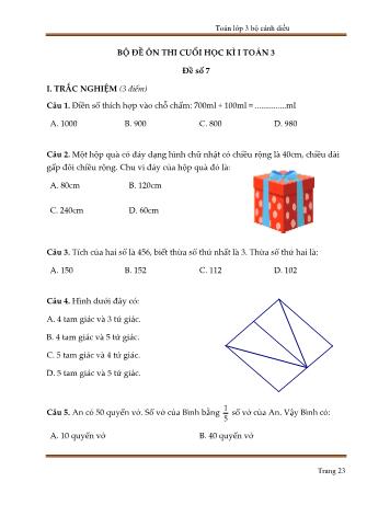 Bộ 10 đề ôn thi cuối học kì I môn Toán Lớp 3 sách Cánh diều - Trần Hữu Hiếu - Đề số 7 (Kèm đáp án)