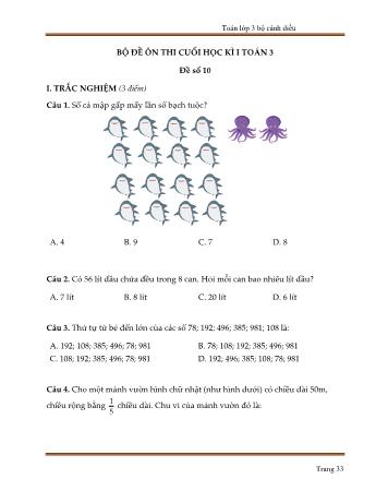 Bộ 10 đề ôn thi cuối học kì I môn Toán Lớp 3 sách Cánh diều - Trần Hữu Hiếu - Đề số 10 (Kèm đáp án)