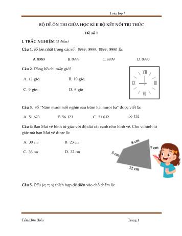 Bộ 5 đề ôn thi giữa học kì II (Bộ Kết nối tri thức) môn Toán Lớp 3 - Trần Hữu Hiếu (Kèm đáp án)