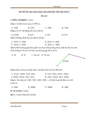 Bộ 5 đề ôn thi giữa học kì II (Bộ Kết nối tri thức) môn Toán Lớp 3 - Trần Hữu Hiếu - Đề số 3 (Kèm đáp án)