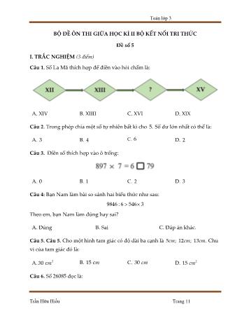 Bộ 5 đề ôn thi giữa học kì II (Bộ Kết nối tri thức) môn Toán Lớp 3 - Trần Hữu Hiếu - Đề số 5 (Kèm đáp án)