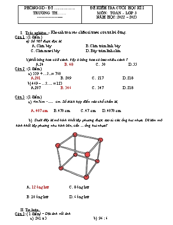 Đề kiểm tra cuối học kì I môn Toán Lớp 3 - Năm học 2022-2023 - Sách Cánh diều (Có đáp án)