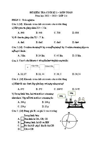 Đề kiểm tra cuối kì 1 môn Toán Lớp 3 năm học 2022-2023 sách Kết nối tri thức (Có đáp án)