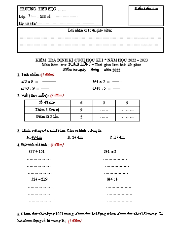 Đề kiểm tra định kì cuối học kì I năm học 2022-2023 môn Toán Lớp 3 sách Cánh diều (Có đáp án)