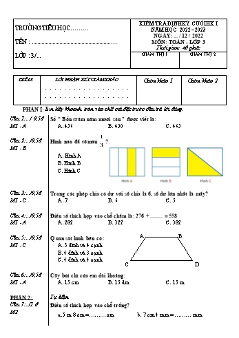 Đề kiểm tra định kỳ cuối học kì I năm học 2022-2023 môn Toán Lớp 3 sách Chân trời sáng tạo (Có đáp án)