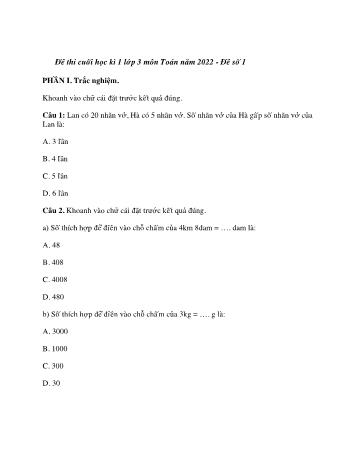 Đề thi cuối học kì 1 Lớp 3 môn Toán năm học 2022-2023 - Đề số 1 (Có đáp án)