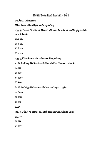 Đề thi môn Toán Lớp 3 - Học kỳ 1 - Đề 1 (Có đáp án)