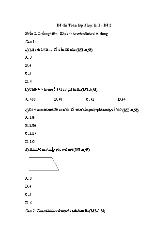 Đề thi môn Toán Lớp 3 - Học kỳ 1 - Đề 2 (Có đáp án)