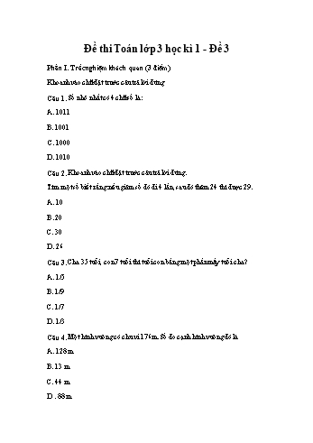 Đề thi môn Toán Lớp 3 - Học kỳ 1 - Đề 3 (Có đáp án)