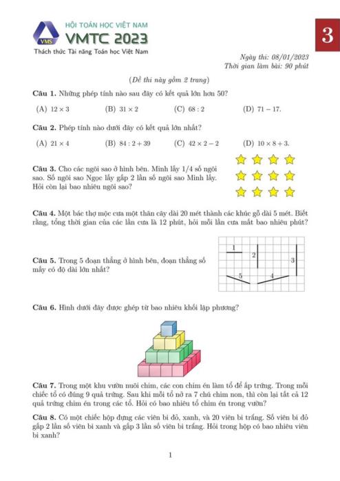 Đề thi thách thức tài năng Toán học Việt Nam 2023 môn Toán Lớp 3
