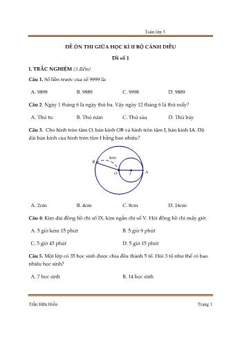 Tổng hợp 5 đề ôn thi giữa học kì II (Bộ Cánh diều) môn Toán Lớp 3 - Trần Hữu Hiếu - Đề số 1 (Kèm đáp án)