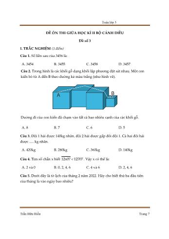 Tổng hợp 5 đề ôn thi giữa học kì II (Bộ Cánh diều) môn Toán Lớp 3 - Trần Hữu Hiếu - Đề số 3 (Kèm đáp án)